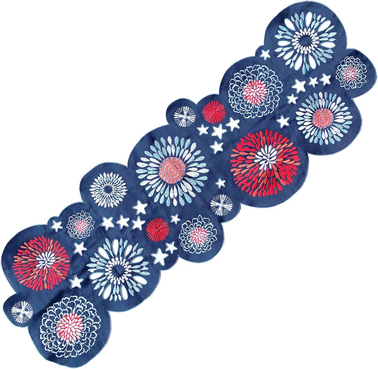 Festive flowering fireworks printed table linen, 14"x42" cutwork runner, blue, easy-care fabric.